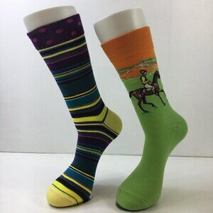 Set 2 Unisex Horse Riding Striped Novelty Crew Socks Green Orange Purple Yellow